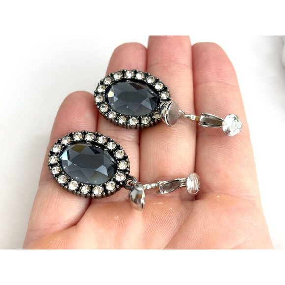 Silver Toned Faceted Oval Grey Rhinestone Halo Style Clip On Dangle Earrings - Picture 6 of 8
